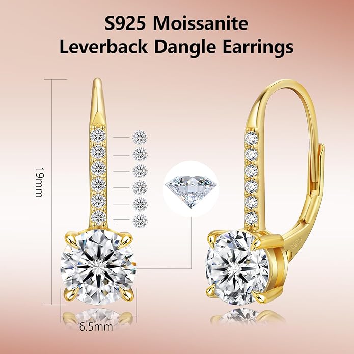 KRKC Moissanite Earrings, 1.0ct-2.0ct D Color Lab Created Diamond Earring, 14k White Gold Plated Sterling Silver Dangle Earrings S925 Leverback Drop Earring for Women Hypoallergenic Jewelry for Gifts