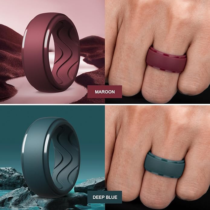 Egnaro Men's Silicone Rings 10mm Wide 2.5mm Thick, Rubber Wedding Bands with Inner Arc Ergonomic Breathable Design, 1/4/5/7 Variety Multipack
