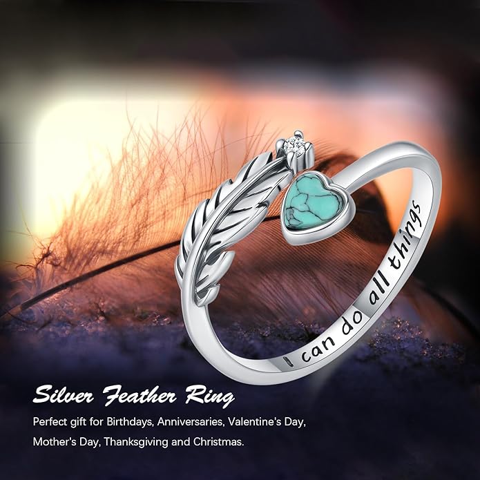 Turquoise/Moss Agate/Moonstone/Black Onyx/Lapis Lazuli/Labradorite/Tiger Eye Feather Ring 925 Sterling Silver Adjustable Ring Western Thumb Rings Vintage Jewelry Gifts for Women