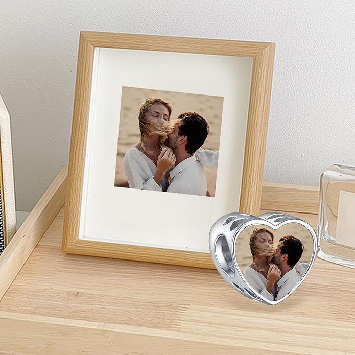 Annmors Personalized Photo Charm for Bracelet Necklaces,925 Sterling Silver Charm Love Heart Shaped Engraved Customize Picture Gift for Birthday Mother's Day Christmas,Bead Charms Jewelry for Women