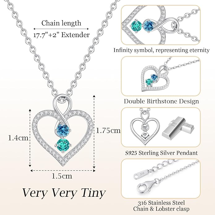 LOUISA SECRET Infinity Double Birthstone Necklace, 925 Sterling Silver Tiny Pendant Heart Necklace for Women Wife Her, Best Jewelry Gift Heart Jewelry Meaningful Gift for Valentine's Day, Christmas, Birthday Anniversary