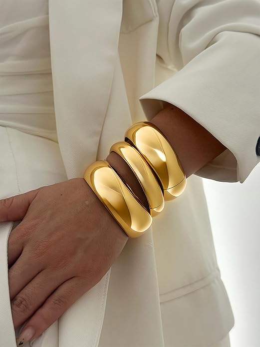 3Pcs Chunky Gold Bangles Bracelets for Women, Spring Hinged Big Stackable Bangles Set, Trendy Cuff Bracelet Stack Fashion Jewelry Gifts