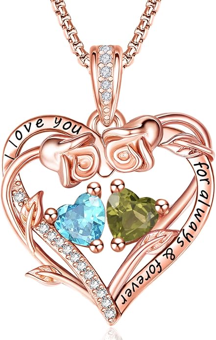 Rose Heart Necklaces for Women, Rose Gold Forever Love Jewelry with 2 Birthstones Pendant,Valentines Anniversarry Birthday Gifts for Her Wife Mom Grandma Daughter, 18+2 Inch Chain
