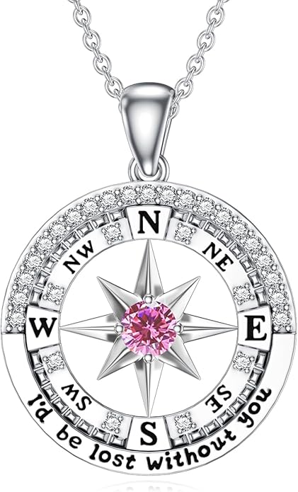 Compass Birthstone Necklace Gift for 2025 Graduation 925 Sterling Silver Compass ‘I'd be Lost Without You’ Pendant Necklaces Jewelry for Women Her Wife Gift for Birthday Anniversary