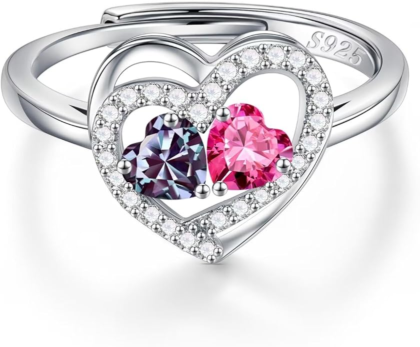 Iefil Adjustable Ring for Women - 925 Sterling Silver Double Birthstone Rings, Anniversary Birthday Gifts for Women Wife Her