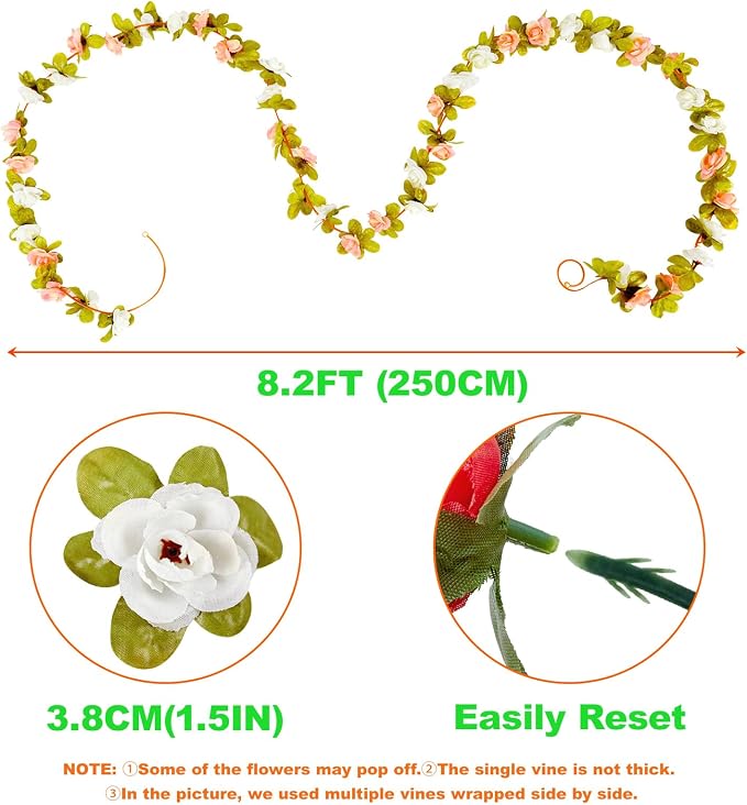8Pcs x 8.2FT Artificial Flower Garland Rose Vine, Fall Champagne Flower | - Image 7