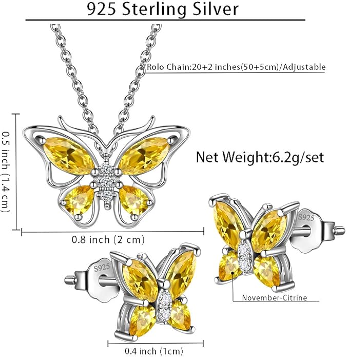 925 Sterling Silver Birthstone Butterfly Jewelry Women Crystal Animal Cute Butterflies Birthday Necklace/Earring/Ring/Bracelet Sets Birth Stone Statement Anniversary Jewellery