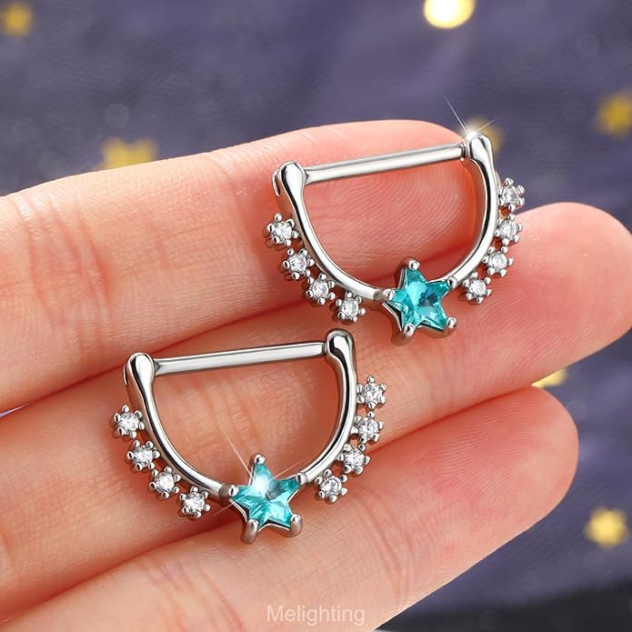 Melighting 14G Star Nipple Rings Steel 316L Nipple Piercing Jewelry Clear CZ Nipple Bars Clicker Nipple Barbell For Women Men 14mm