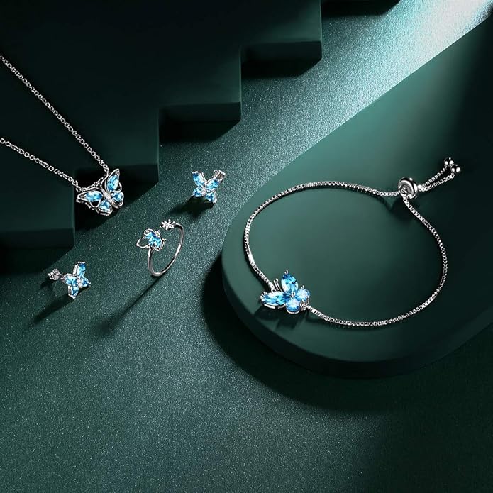 925 Sterling Silver Birthstone Butterfly Jewelry Women Crystal Animal Cute Butterflies Birthday Necklace/Earring/Ring/Bracelet Sets Birth Stone Statement Anniversary Jewellery