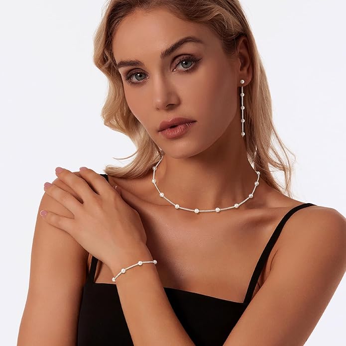 Zeffy Gold Pearl Necklace for Women, Dainty 14K Gold/Silve Plated Layered Pearl Choker Pearl Earrings Pearl Bracelets Wedding Trendy Gold Jewelry Set for Women Gifts