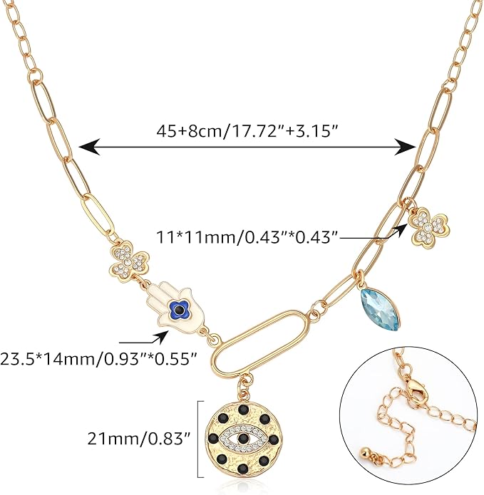 MISS RIGHT Dainty Gold Evil Eye Hamsa Hand Coin Lucky Charm Pendant Necklace for Women Trendy Vintage Paperclip Chain Sun Moon Clover Flower Chunky Charm Necklace Jewelry Gifts