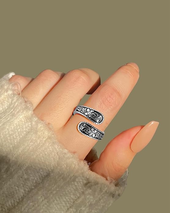 Vintage 14K Gold Plated and Silver Spoon Ring – Adjustable Ring with Carving Design for Women, Unique Boho Open Ring for Gift