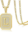Initial Letter Pendant Necklace for Men Women, 14K Gold Square Monogram Alphabet Necklace with Figaro Chain, Valentines Day Birthday Gifts for Him Her