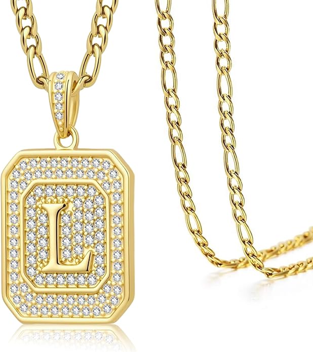 Initial Letter Pendant Necklace for Men Women, 14K Gold Square Monogram Alphabet Necklace with Figaro Chain, Valentines Day Birthday Gifts for Him Her