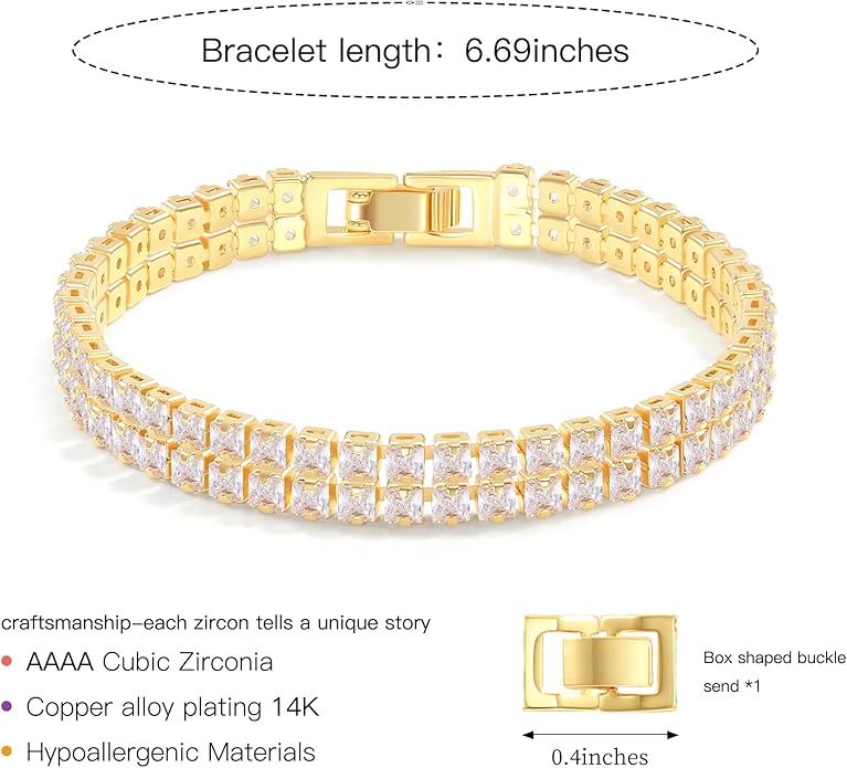 14K Gold Plated Tennis Bracelet for Women – Classic CZ Link Design, Fits 6.0"–7.2" Wrists – Stylish Sparkling Jewelry Gift, Timeless Tennis Bracelets for Women