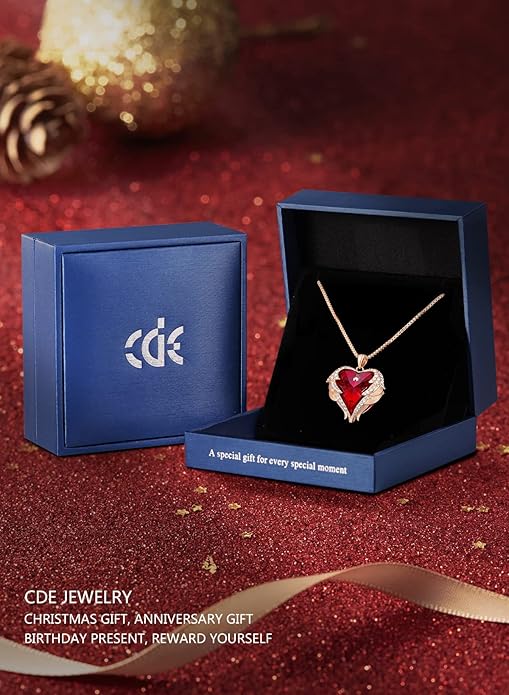 CDE Valentines Day Gifts for Women Angel Wings Necklace for Women with Birthstone, Love Heart Silver Tone/Gold Tone Pendant, Ideal Anniversary or Birthday Jewelry Gifts for Wife Girlfriend Her
