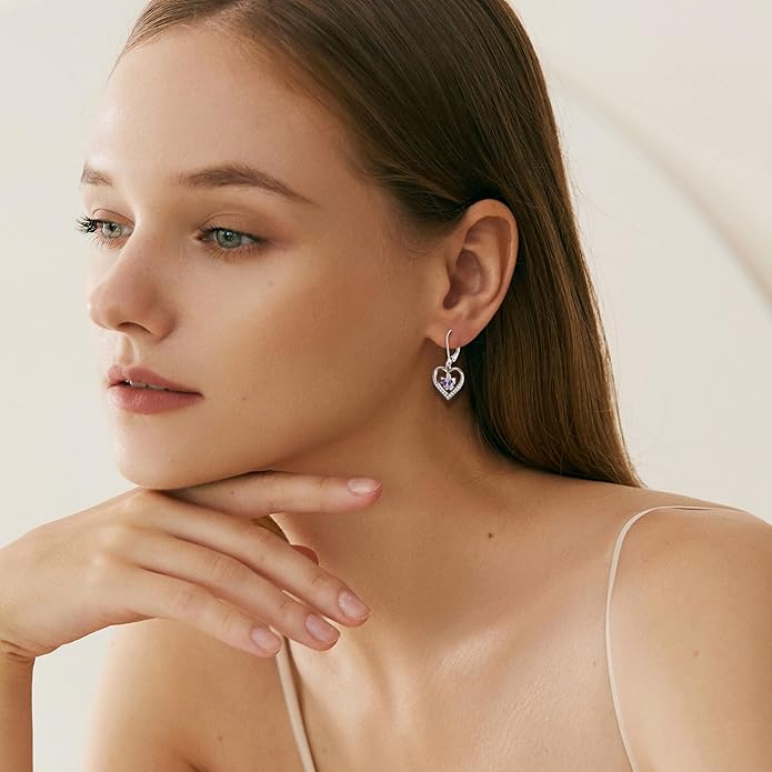 Butterfly Birthstone Heart Dangle Drop Earrings, 925 Strlings Silver 5A Cubic Zircon Leverback Earrings Jewelry Anniversary Birthday Gifts for Women