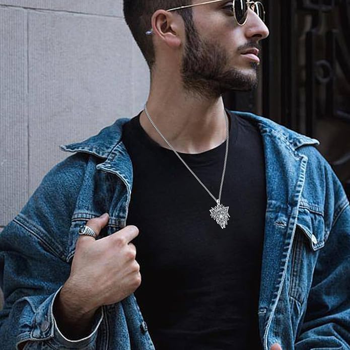 Cuoka Lion Necklace for Men Women S925 Sterling Silver King Retro Punk Gothic Hip Hop Rock Animal Lion Head Pendant Charm Jewelry Chain Necklace Viking Protection Amulet Necklaces