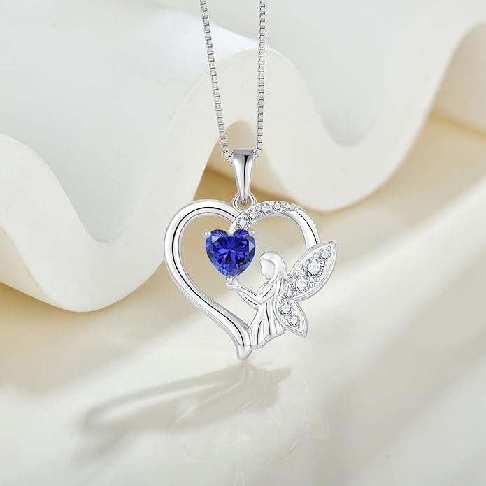 Guardian Angel Necklace 925 Sterling Silver Heart Angel Wings Pendant Birthstone Jewelry for Women