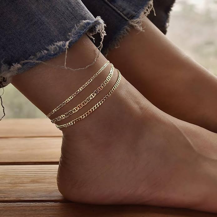 MIDEEO Gold/Silver Ankle Bracelets for Women,14K Gold Anklets for Women Waterproof Cuban Link Heart Beads Herringbone Rhinestone Anklets Set Layered Anklet Bracelets for Women Gold Jewelry Gift