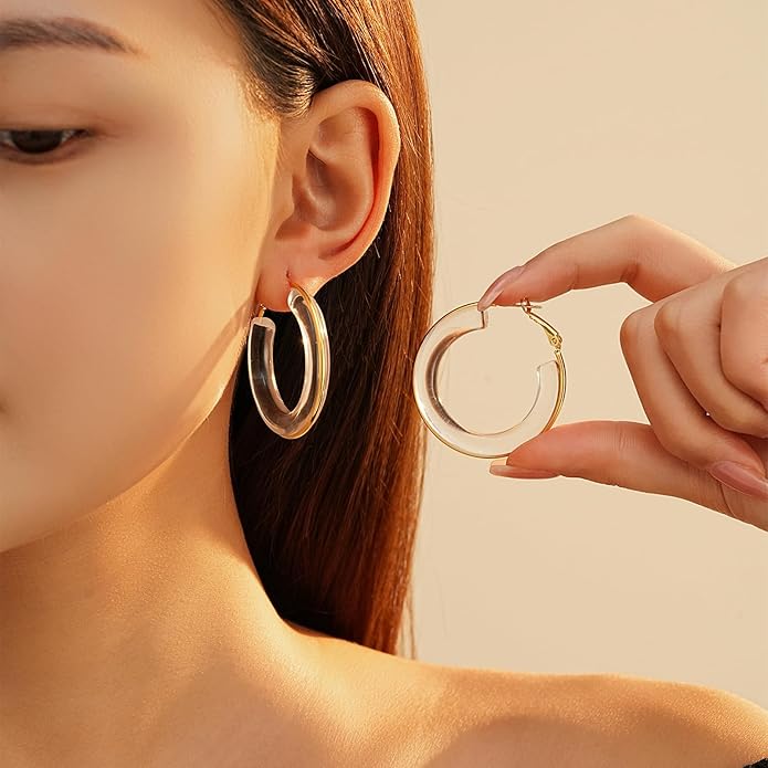Acrylic Hoop Earrings Sterling Silver Lucite Clear Resin Rectangle Transparent Hoops for Women