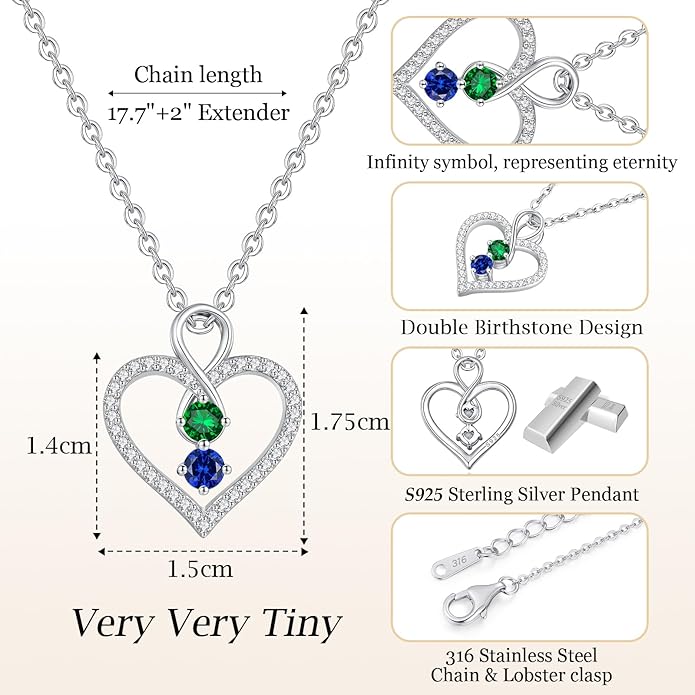 LOUISA SECRET Infinity Double Birthstone Necklace, 925 Sterling Silver Tiny Pendant Heart Necklace for Women Wife Her, Best Jewelry Gift Heart Jewelry Meaningful Gift for Valentine's Day, Christmas, Birthday Anniversary