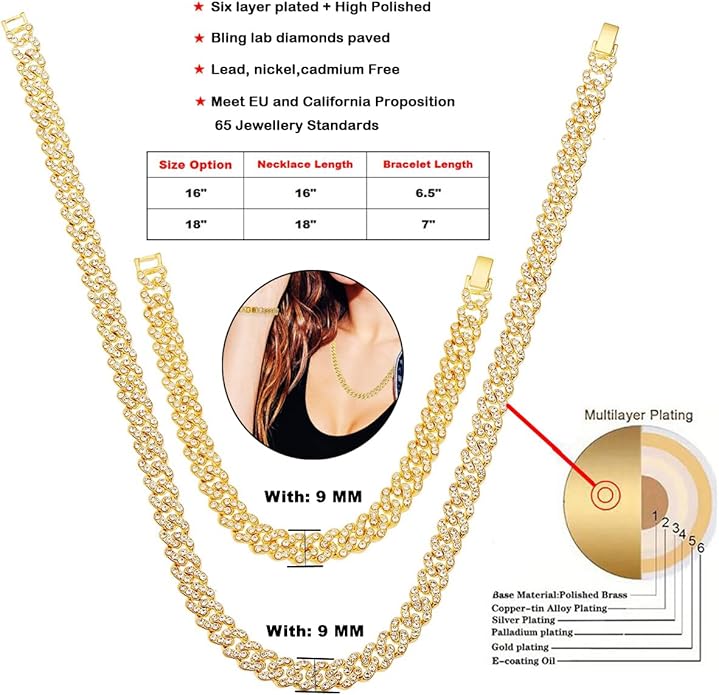 HH BLING EMPIRE 14k Gold/Silver Cuban Link Chain for Women Iced Out Diamond Chunky Cuban Link Necklace Chain Bracelet 2pcs Sets