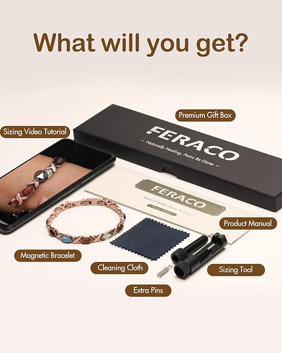 Feraco Pure Copper Bracelets for Women, Ultra Strength Magnetic Bracelet with 3800 Gauss Magnets & Natural Turquoise & Stones, Adjustable, Jewelry Gift