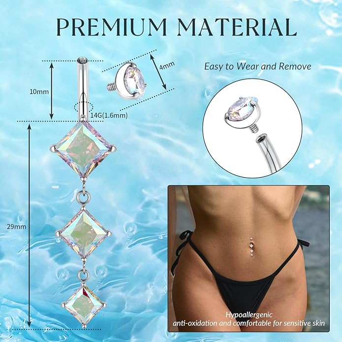 GAGABODY G23 Titanium Belly Button Ring Dangle Belly Rings Belly Piercing Jewelry 14G 3/8 inch 10mm Navel Barbell CZ Navel Piercing Ring