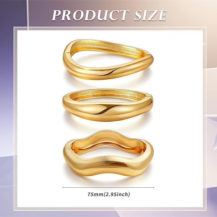 3 Pcs Gold Bangle Bracelets for Women Trendy Chunky Cuff Bracelet Silver Irregular Statement Stackable Bangle Bracelet Minimalist Cuff Jewelry for Women Gifts