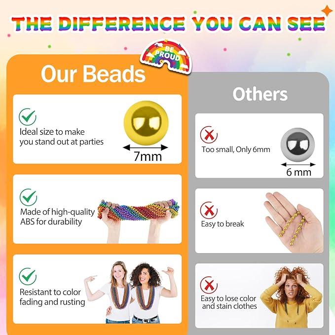 100PCS Pride Beads Necklaces Bulk, 33" 7mm Pride Beads Stuff, LGBTQ Metallic Rainbow Beaded Necklace, Pride Accessories for Women Men Parade Throw, Gay Lesbian Pride Month Party Favors (6 Colors)
