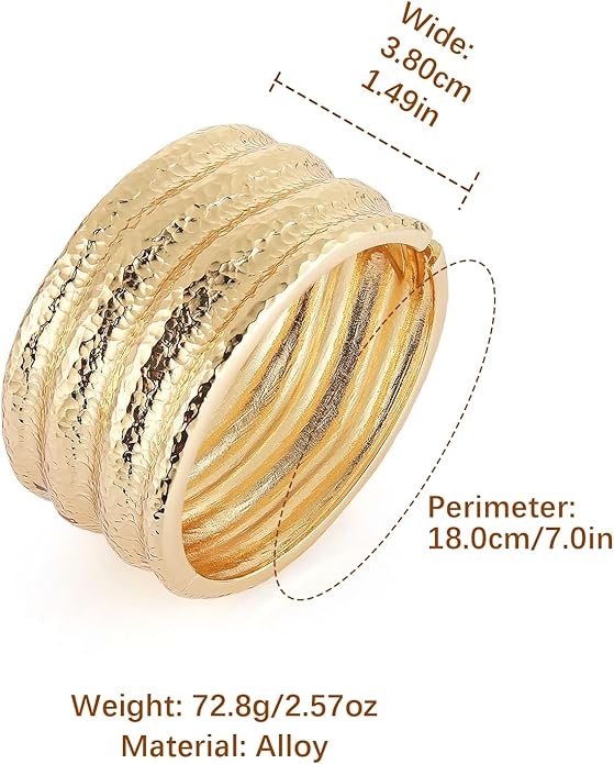 HZMAN 18K Gold Plated Wide Cuff Bracelet for Women - Premium Alloy Shiny Polished Double Layer Statement Bangle, Trendy Daily Wear Party Jewelry Accessory
