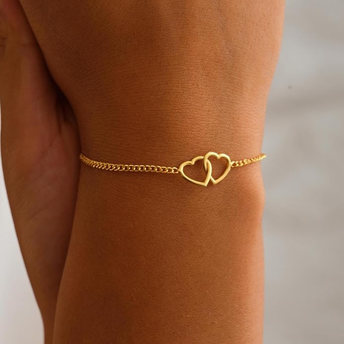 SLOONG Valentines Day Gifts for Her Gold Pearl Bracelets, 18K Real Gold Plated Dainty Stackable Snake Chain CZ Heart Pendant Bracelets, Layered Waterproof Jewelry Gift for Women Adjustable 6"+2"