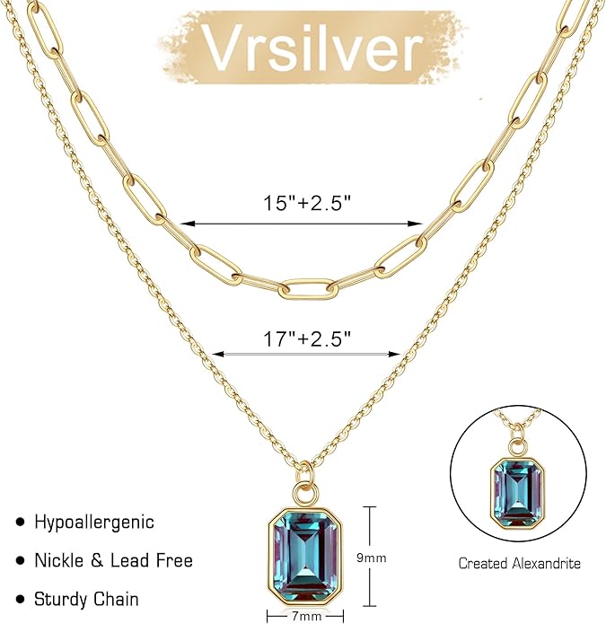 Layered Birthstone Necklace for Women Girls, 14K Gold-Plated Paperclip Chain Choker Necklace with Rectangle Birthstone Pendant Birthday Gifts for Women Girls Dainty Small
