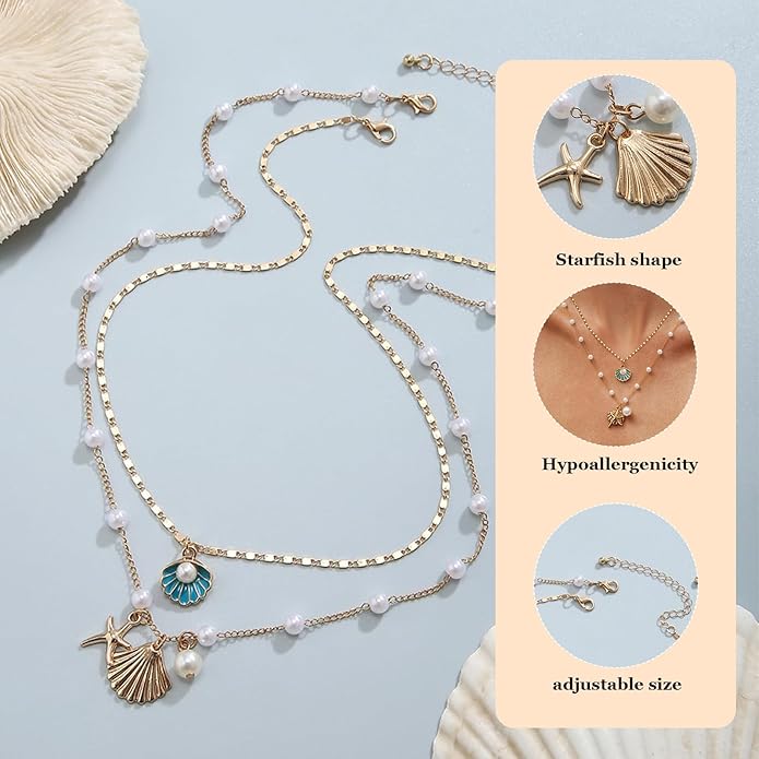 Gold Sea Shell Necklace Layered Charm Necklace for Women Boho Summer Seashell Beach Starfish Necklaces 14k Pearl Chain Surfer Jewelry Beach Vacation Essentials