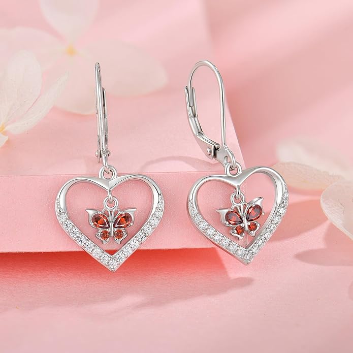 Butterfly Birthstone Heart Dangle Drop Earrings, 925 Strlings Silver 5A Cubic Zircon Leverback Earrings Jewelry Anniversary Birthday Gifts for Women