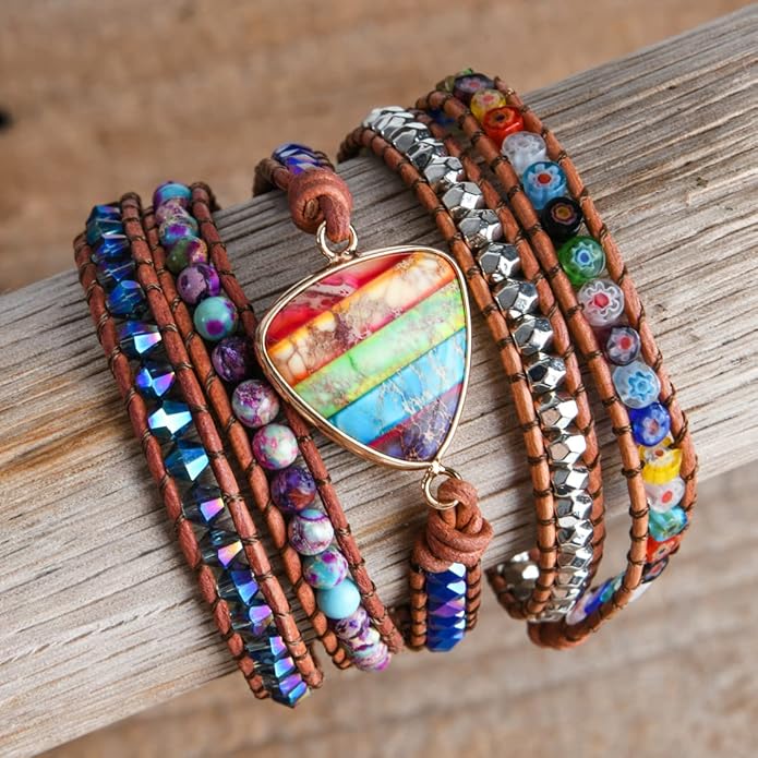 YGLINE Boho Handmade Wrap Leather Tube Crystal Stone Bracelet for Women