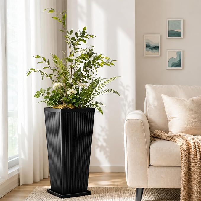 24" Tall Planters for Outdoor Plants Set of 2 Square Fluted, TallIndoor Flower - Image 7