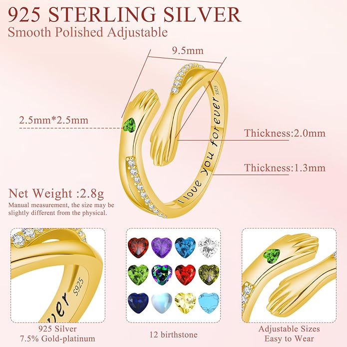 Hug Rings for Women Birthstone Hug Rings 925 Sterling Silver Adjustable Hand Ring Open Jewelry Daughter Gifts From Mom Mother Teens Mother's Day Amavive