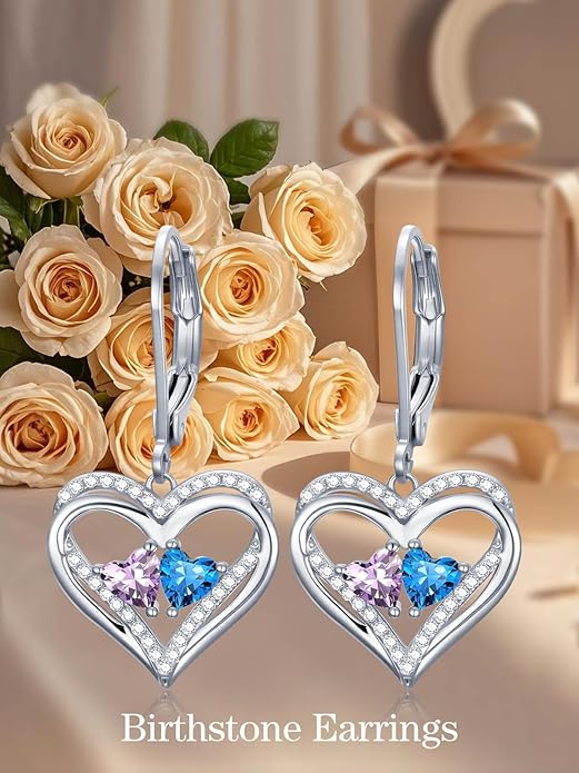 Valentines Day Gifts for Women, Heart Leverback Earrings Double Birthstone Dangle Earrings for Women, Love Jewelry for Her, Anniversary Birthday Gift for Mom Wife Girlfriend