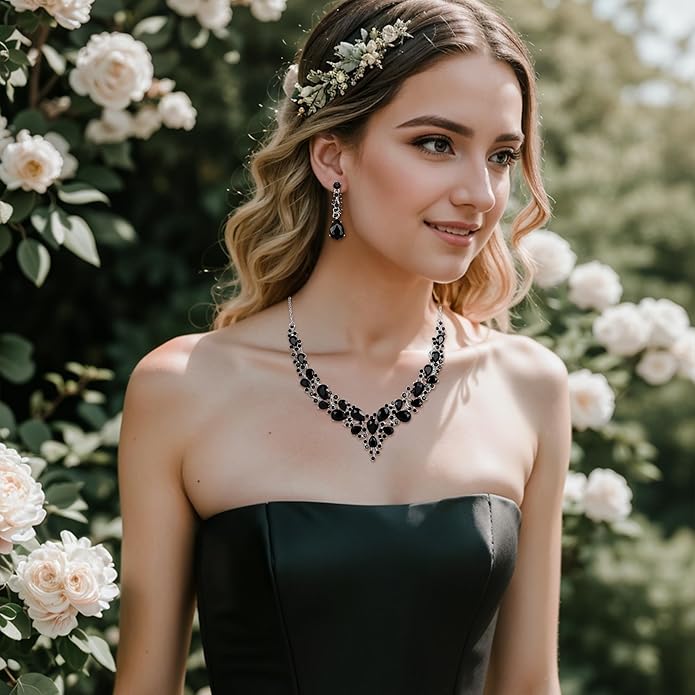 BriLove Women's Wedding Bridal Austrian Crystal Teardrop Cluster Statement Necklace Dangle Earrings Jewelry Set