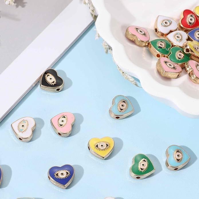 MECCANIXITY 20 Pcs Heart Evil Eye Beads Colorful Alloy Enamel Loose Spacer Charm Beads for DIY Bracelet Earrings Necklace Crafts Jewelry Making, Yellow