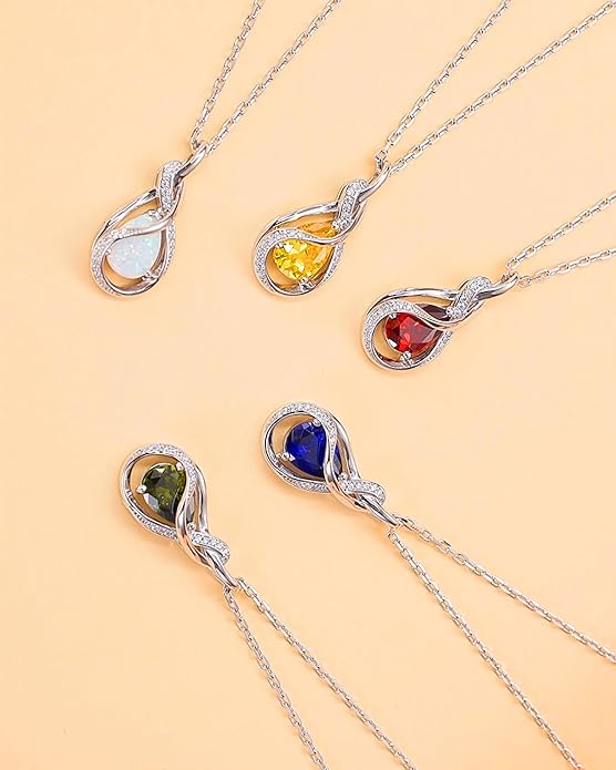 FANCIME TimelessTie Birthstone Necklace for Women White Gold Plated Sterling Silver Ribbon Design Jewelry Knot Pendant Fine Jewelry Gemstone Birthday Graduation Anniversary Valentines Day Gifts for Women Wife Mother Her