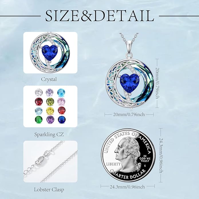 Valentines Day Gifts for Women, Birthstone Necklace for Women, Celtic Moon Pendant Blue Crystal Necklace Heart Jewelry Anniversary Jewelry Gift for Daughter Wife Mother Sister