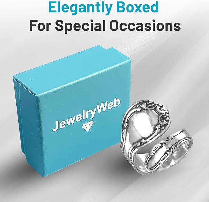 JewelryWeb - 925 Sterling Silver Oxidized Spoon Ring - Adjustable Sterling Silver Rings for Women - Boho Statement Jewelry - Handmade Wrap Ring
