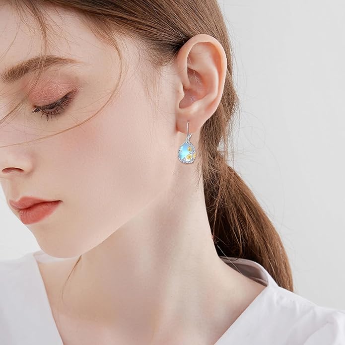 VONALA Sunflower Earring for Women 925 Sterling Silver Teardrop Moonstone Dangle Earring Leverback Sunflower Jewelry Birthday Gifts for Her