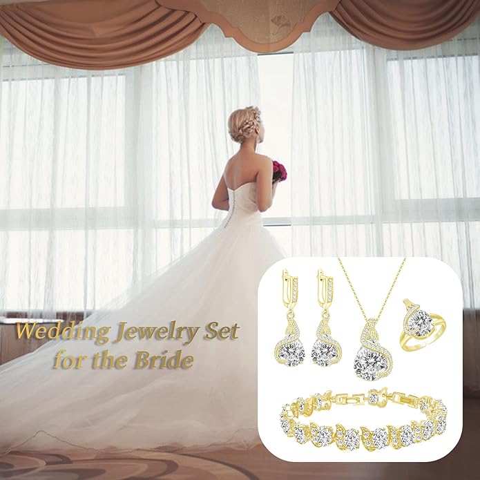 GZWHD Jewelry Set for Women Water Drop Cubic Zirconia Artificial Crystal Earrings Pendant Necklace Open Ring Tennis Bracelet Wedding Anniversary Birthday Engagement Gift for Bridesmaid Wife Girlfriend Friend