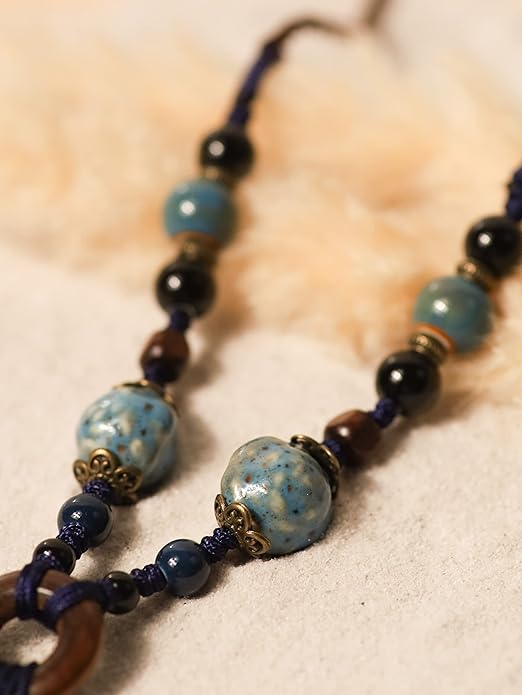 MINACHI Boho Hippie Colorful Ceramic Beads Strand O Ring Circle Charm Long Y Necklace, Vintage Bohemian Statement Jewelry Gift for Women