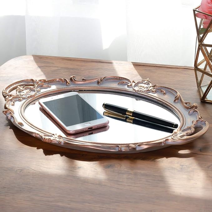 Polyresin Ellipse Antique Decorative Mirror Tray, Makeup Organizer, Jewelry - Image 5