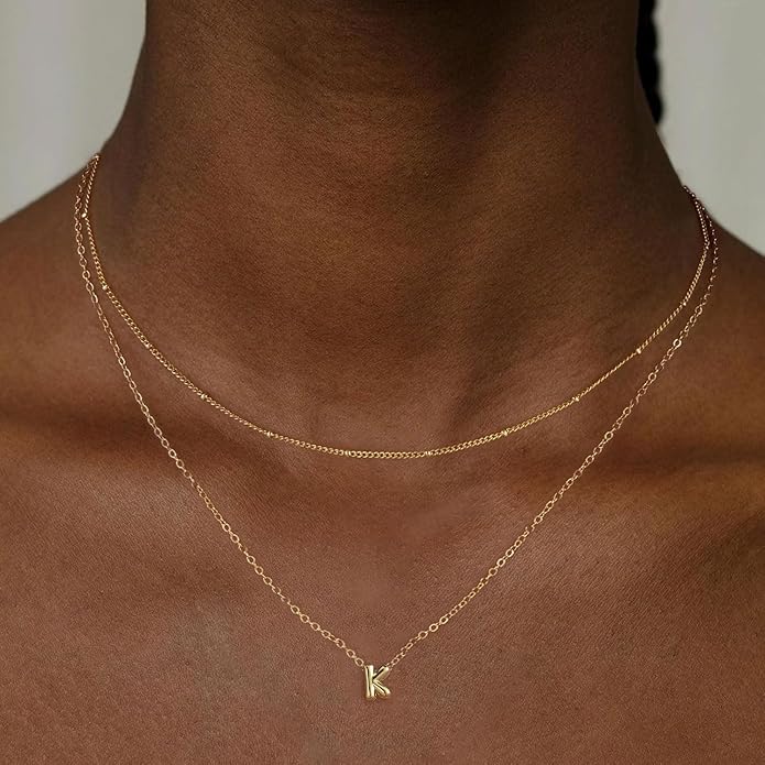 Valentines Day Gifts for Her - Bubble Letter Necklace Layered 14K Gold Plated Initial Necklaces for Women Dainty Cute Choker Pendant Stack Jewelry Fashion Accessories Teen Gift Trendy Stuff